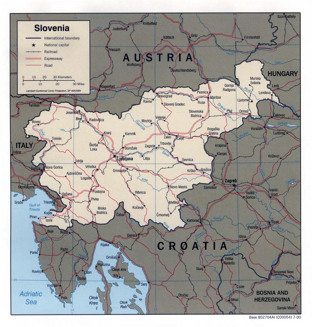 Large political map of Slovenia with roads, railroads and major cities - 2000