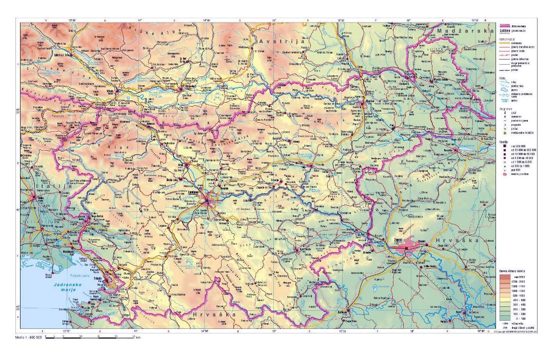 Physical map of Slovenia with roads and cities