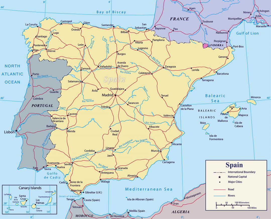 Detailed political map of Spain with major roads and major cities