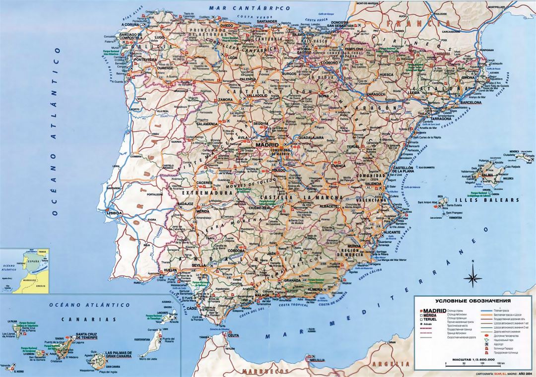 Detailed road map of Spain with relief