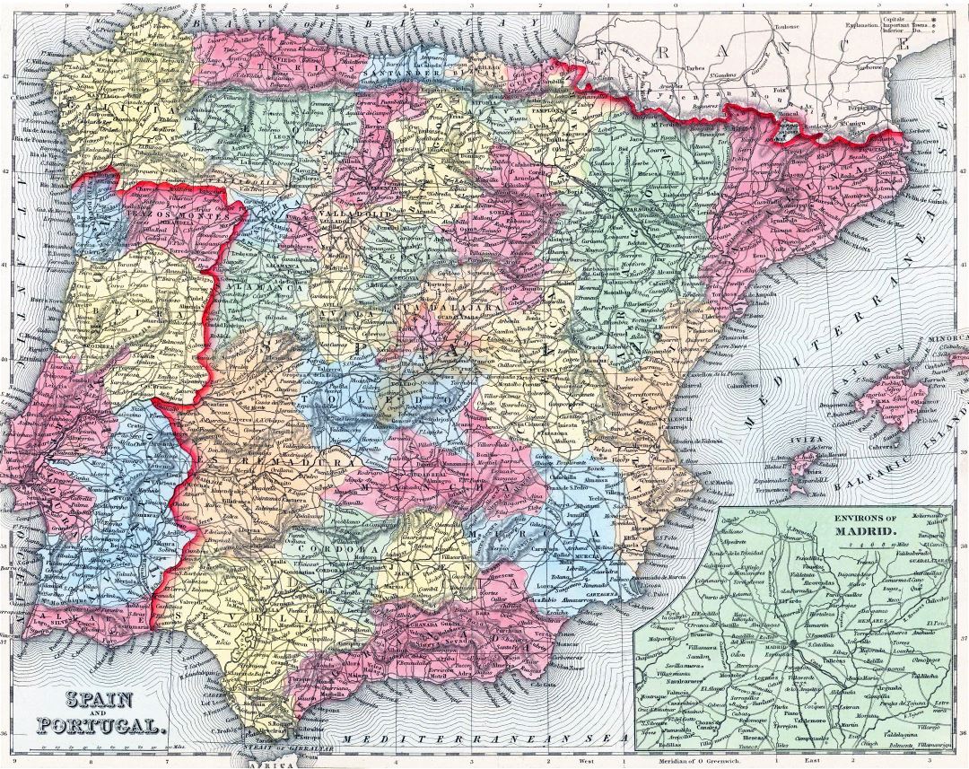 Large detailed old political and administrative map of Spain and Portugal with relief, roads and cities - 1857