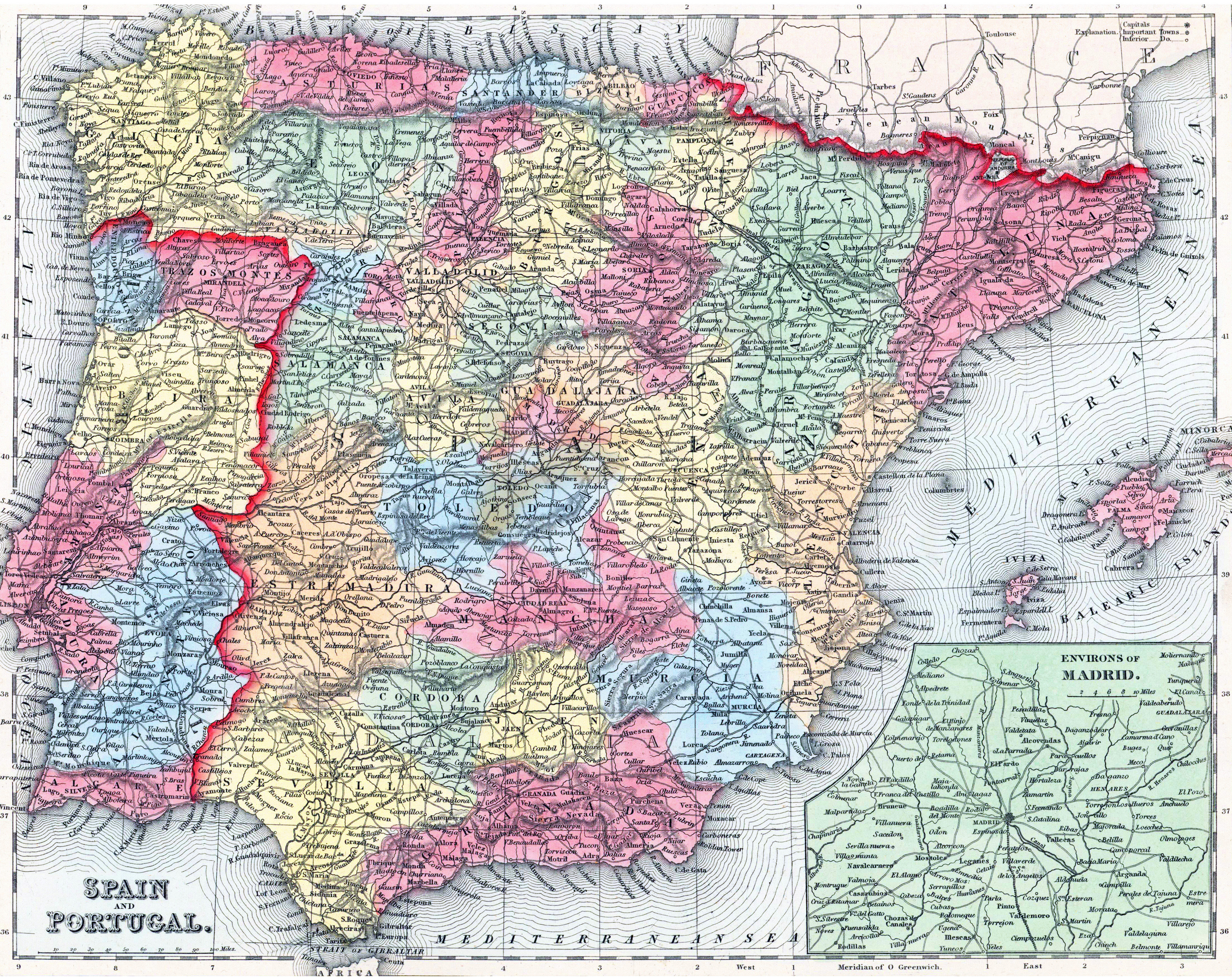 Large detailed old political and administrative map of Spain and Portugal  with relief, roads and cities - 1857, Spain, Europe, Mapsland