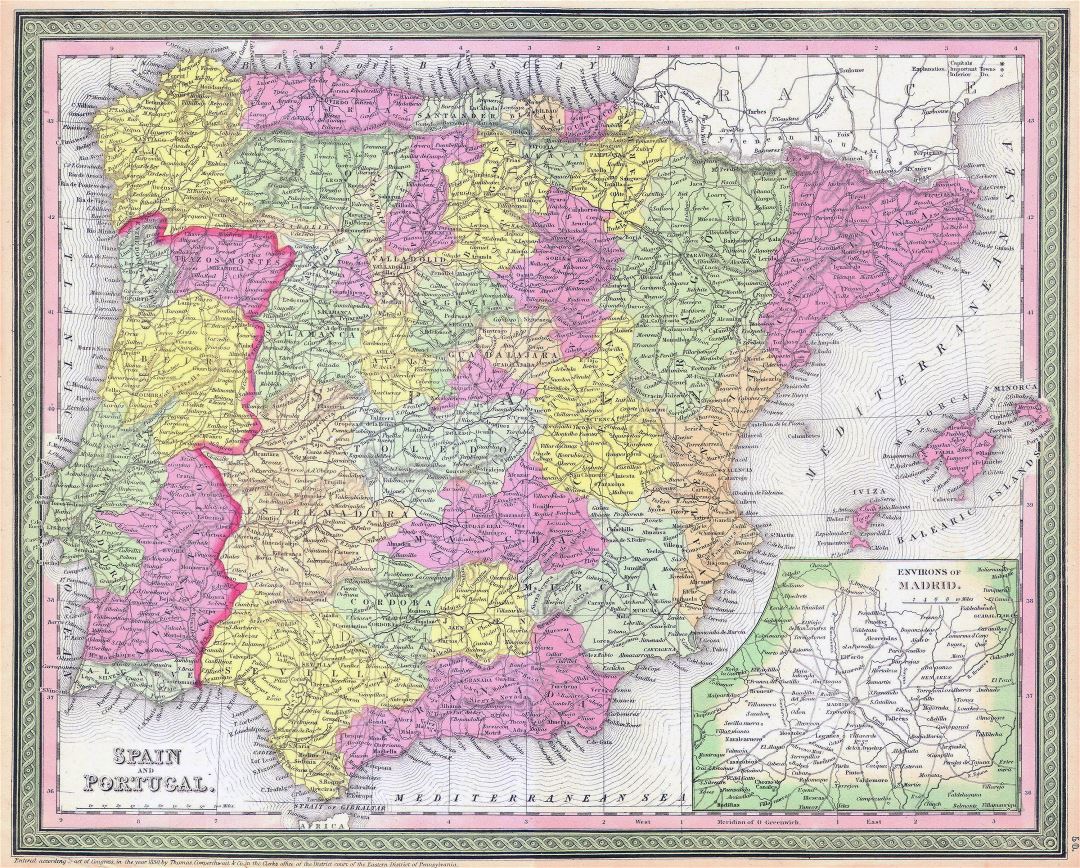 Large detailed old political and administrative map of Spain and Portugal with roads and cities - 1850
