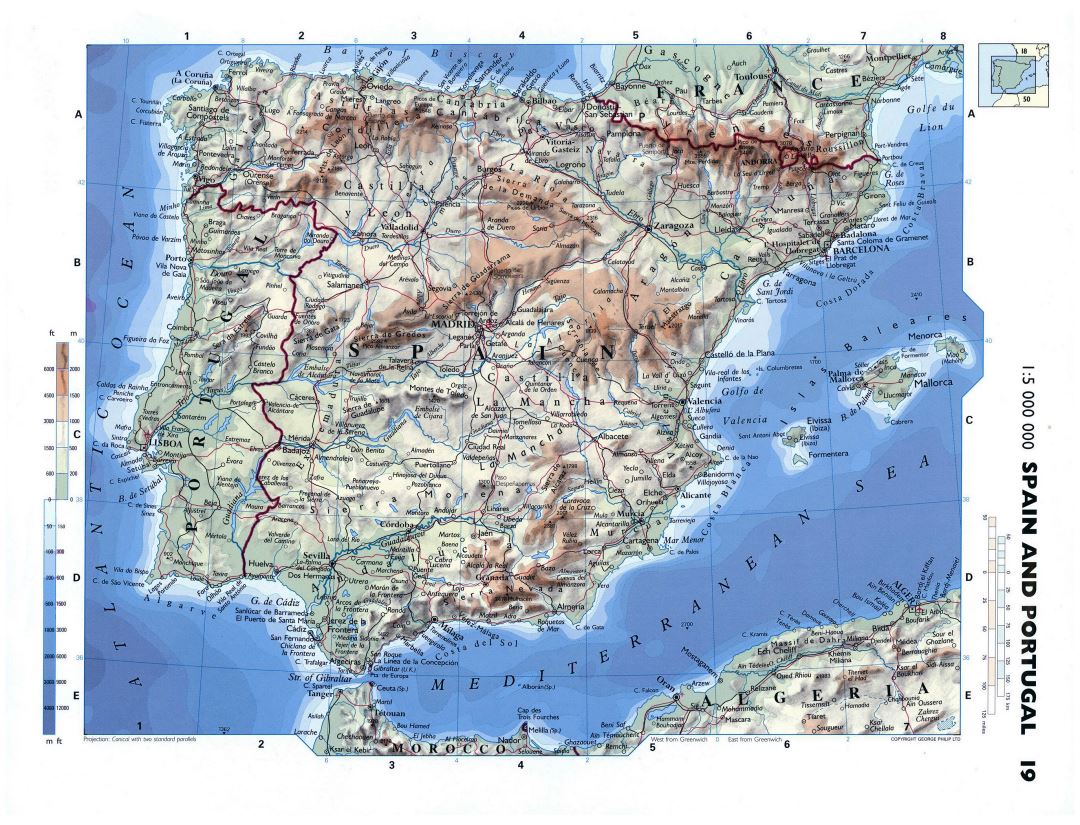 Large detailed physical map of Spain and Portugal with roads, cities and airports