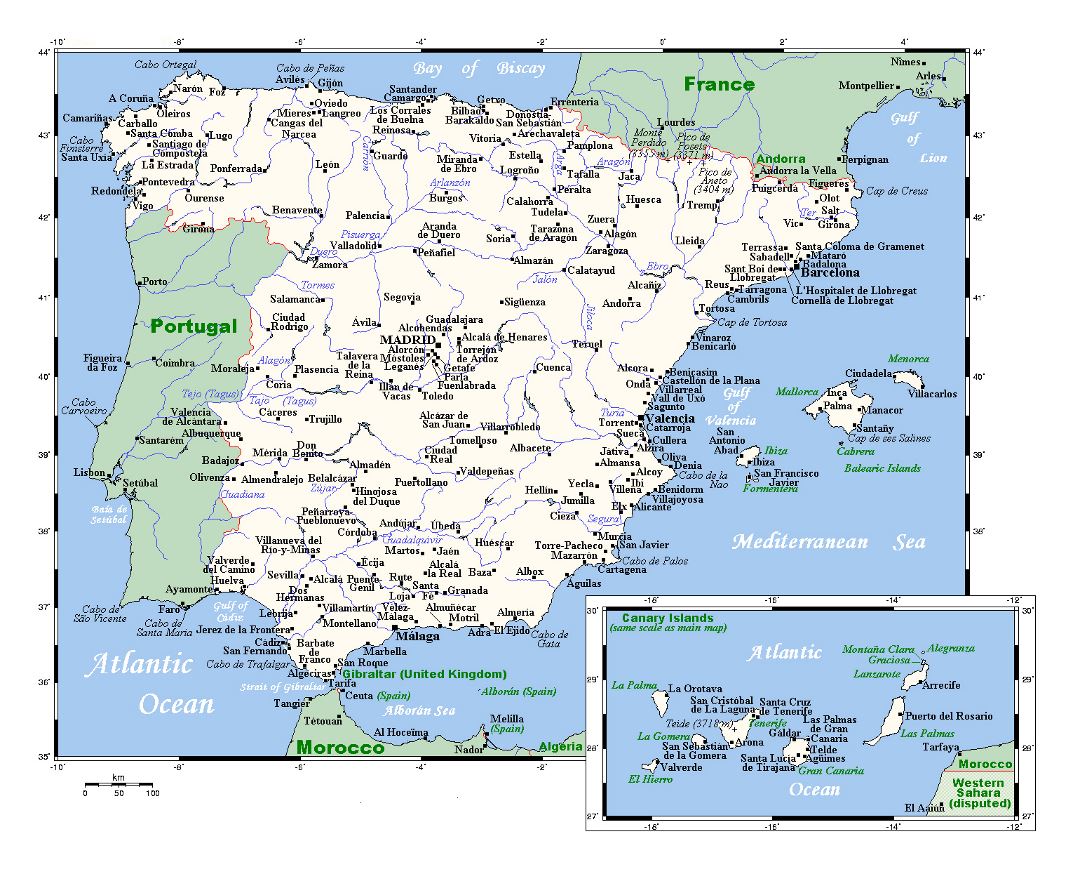 Large map of Spain with major cities