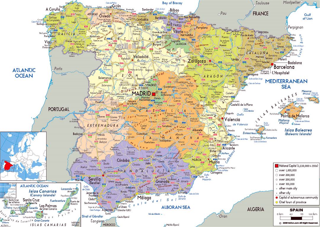 Large political and administrative map of Spain with roads, cities and airports