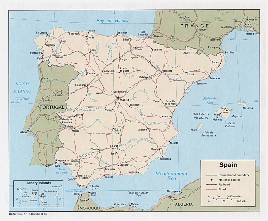 Large political map of Spain with roads, railroads and major cities - 1982