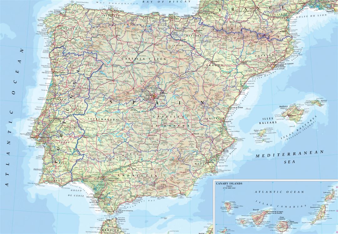 Large road map of Spain and Portugal with cities and airports