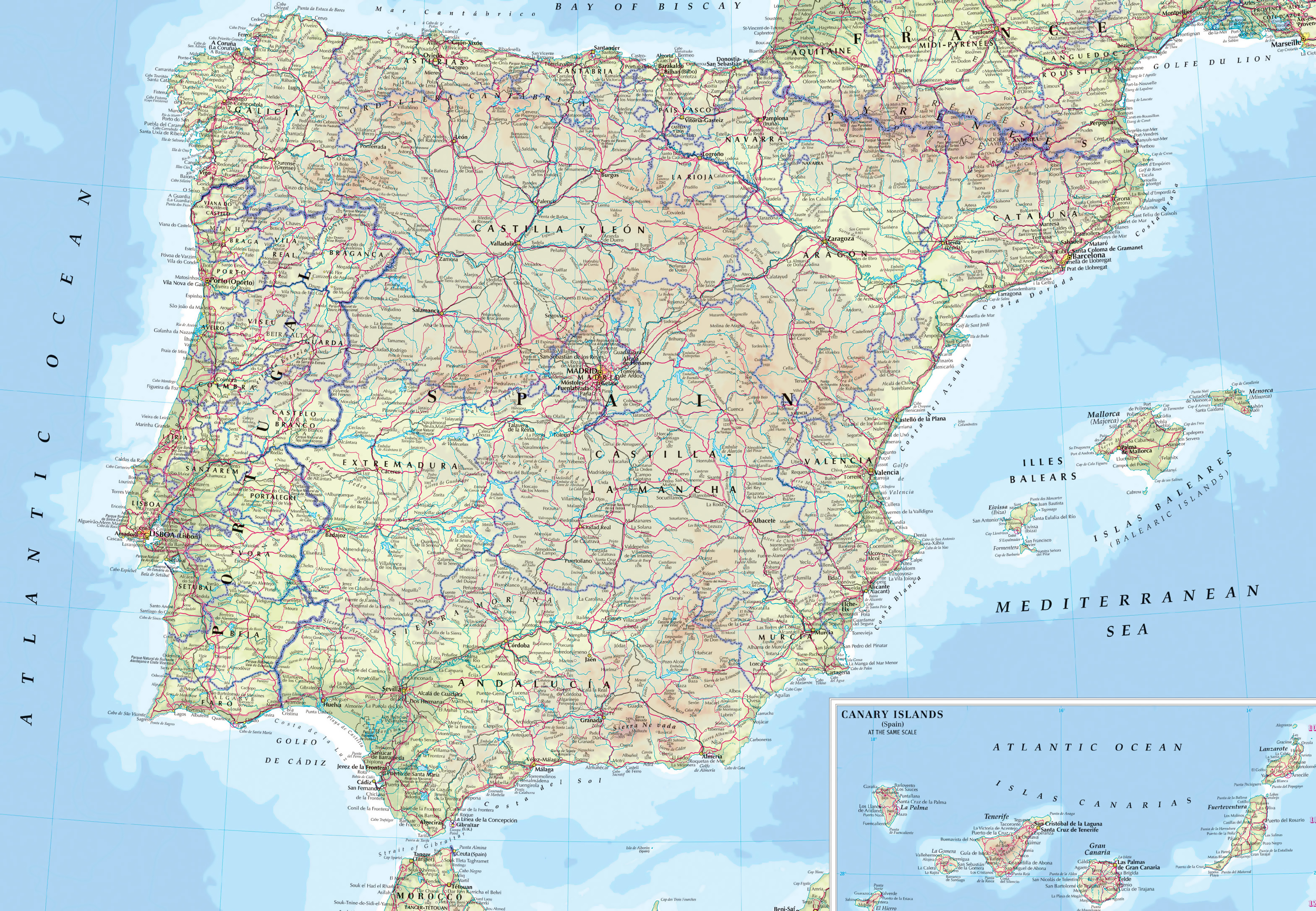 Large Road Map Of Spain And Portugal With Cities And Airports Spain Europe Mapsland Maps Of The World