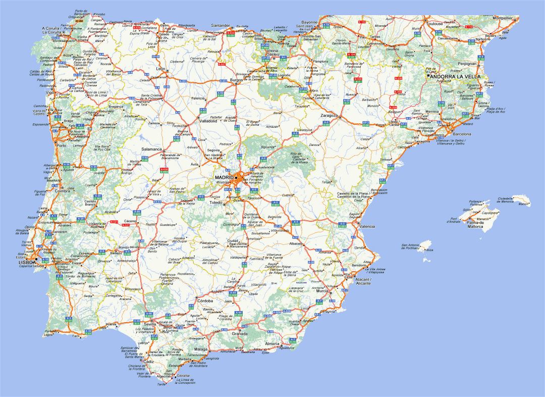 Large road map of Spain and Portugal with cities