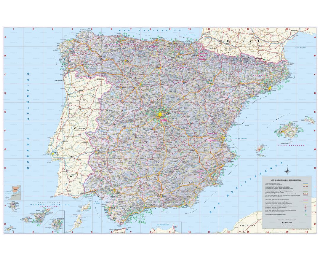 Large detailed old political and administrative map of Spain and Portugal  with relief, roads and cities - 1857, Spain, Europe, Mapsland