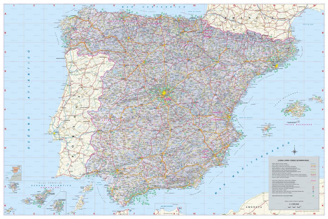 Large scale map of Spain with all cities, villages, roads, highways and airports