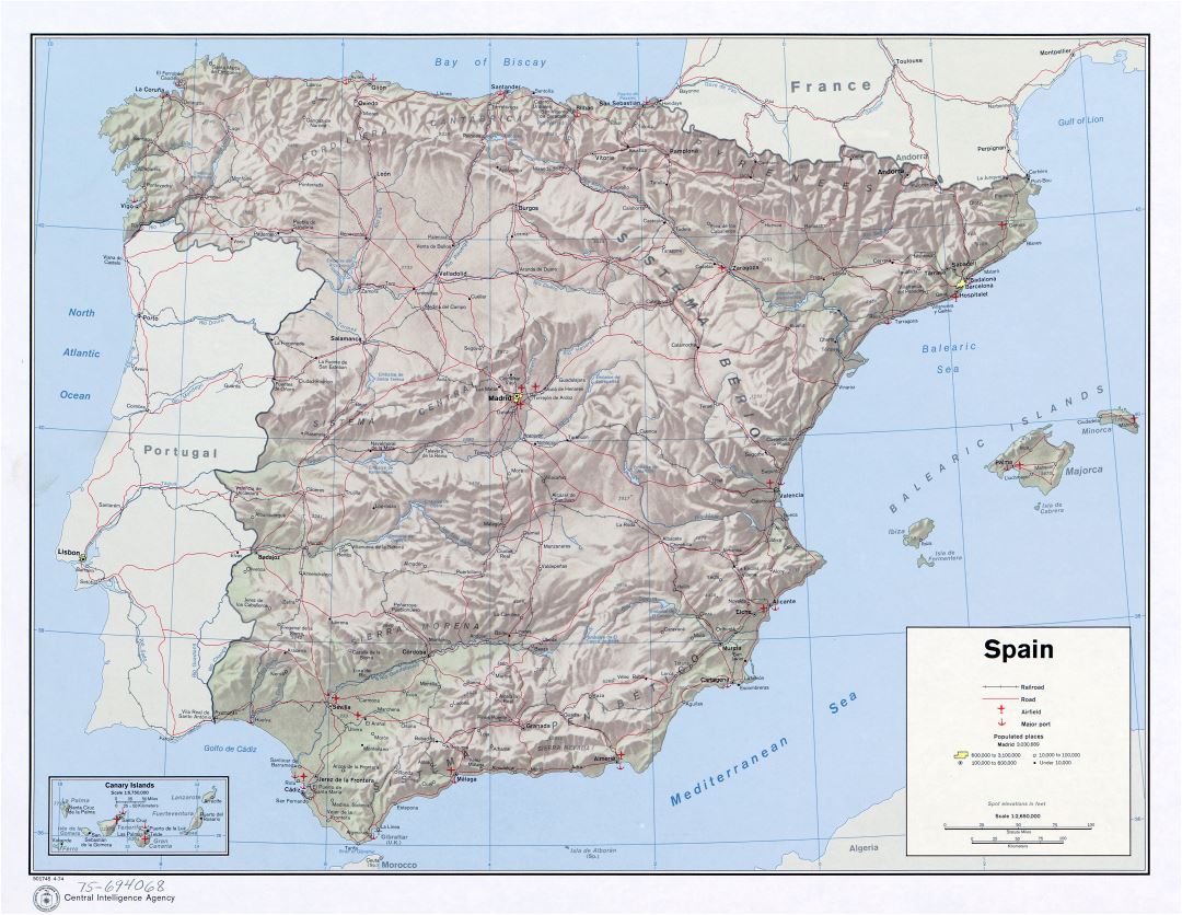 Large scale political map of Spain with relief, roads, railroads, cities, sea ports and airports - 1974