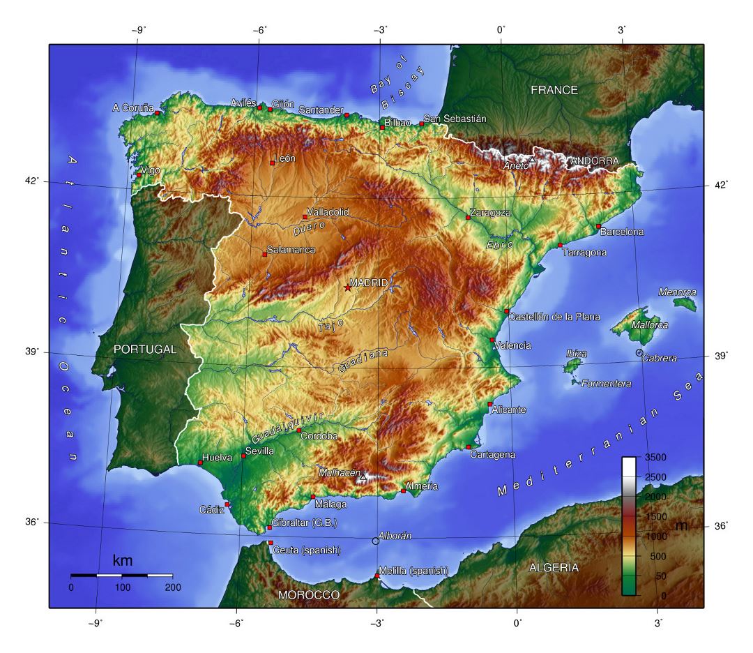Large topographical map of Spain