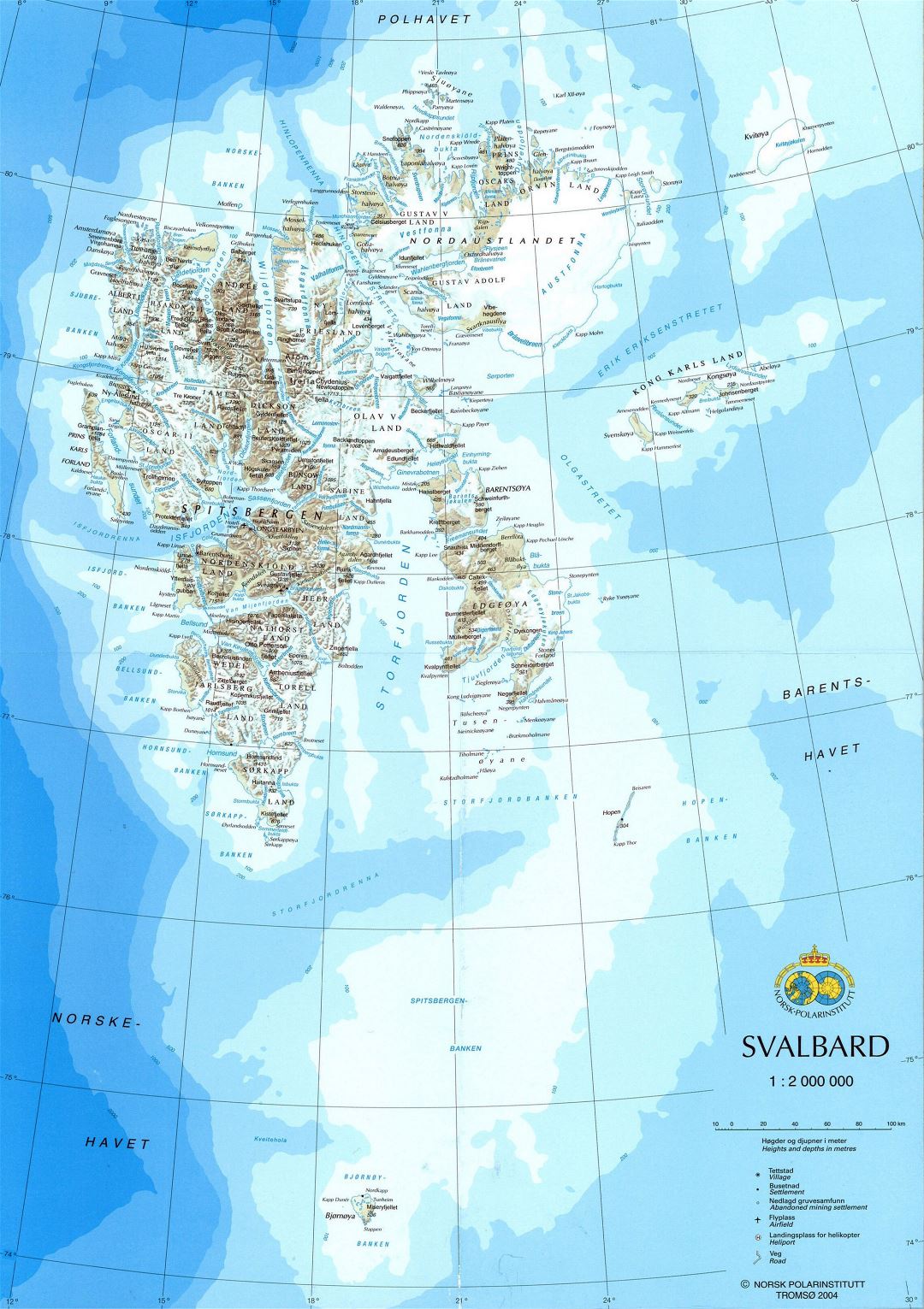 Large detailed map of Svalbard with relief, roads, cities and airports