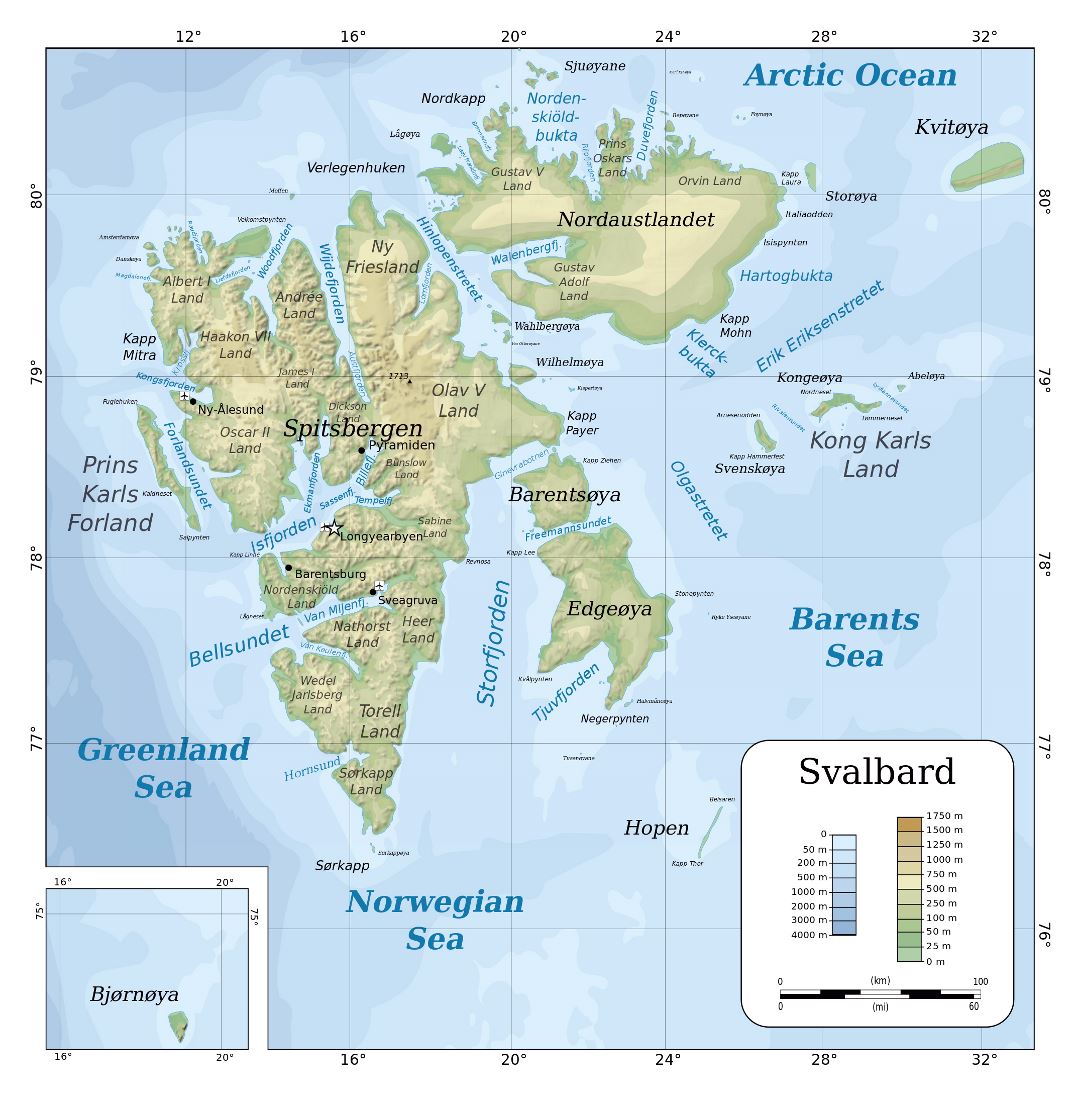 Large detailed physical map of Svalbard with cities and airports