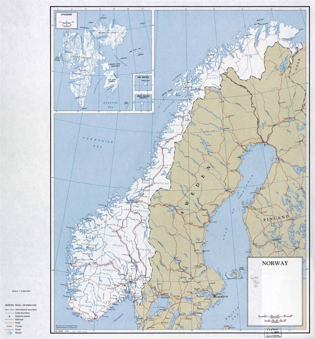 Large scale political and administrative map of Norway and Svalbard with roads, railroads and major cities - 1962
