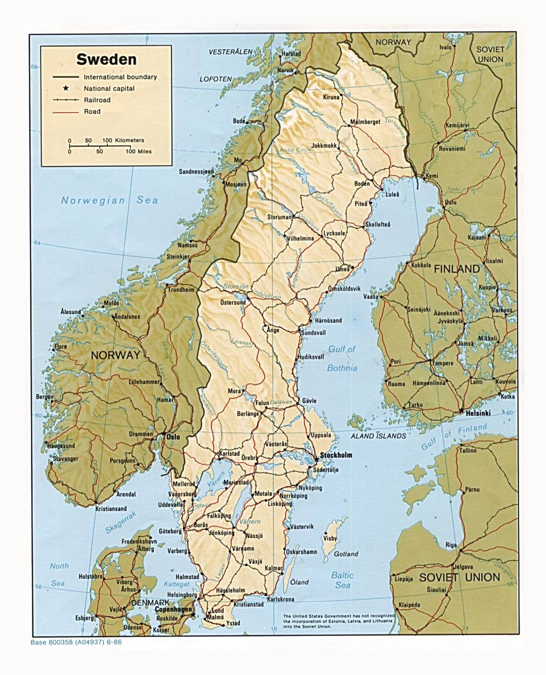 Detailed political map of Sweden with relief, roads, railroads and major cities - 1986