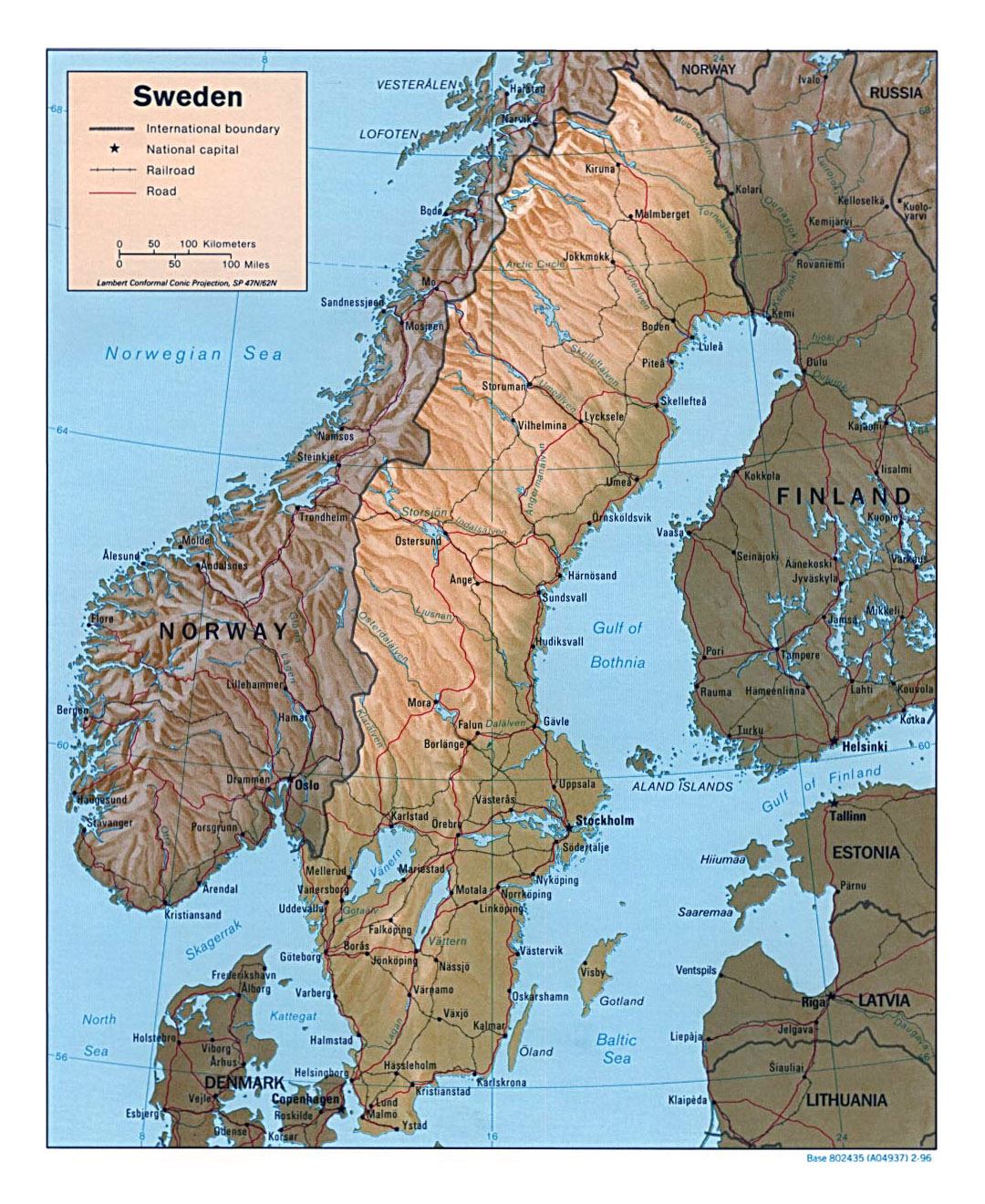 Detailed political map of Sweden with relief, roads, railroads and major cities - 1996