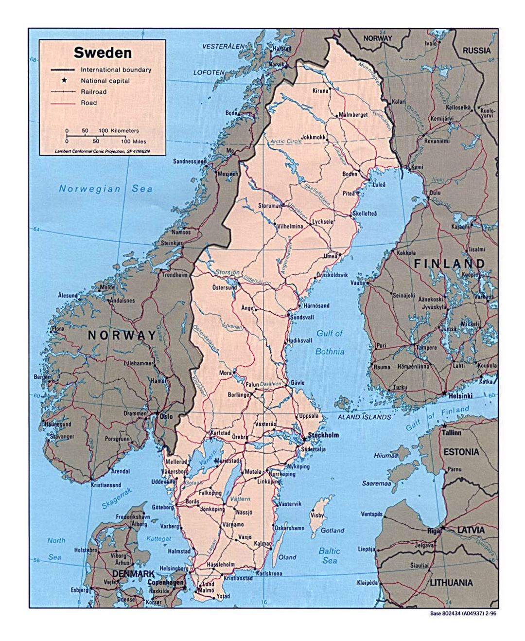 Detailed political map of Sweden with roads, railroads and major cities - 1996