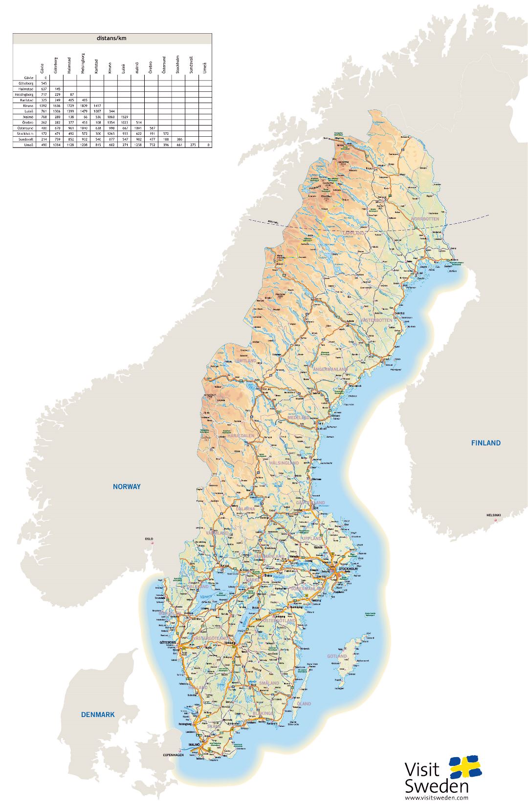 Large detailed elevation map of Sweden with highways, cities and airports