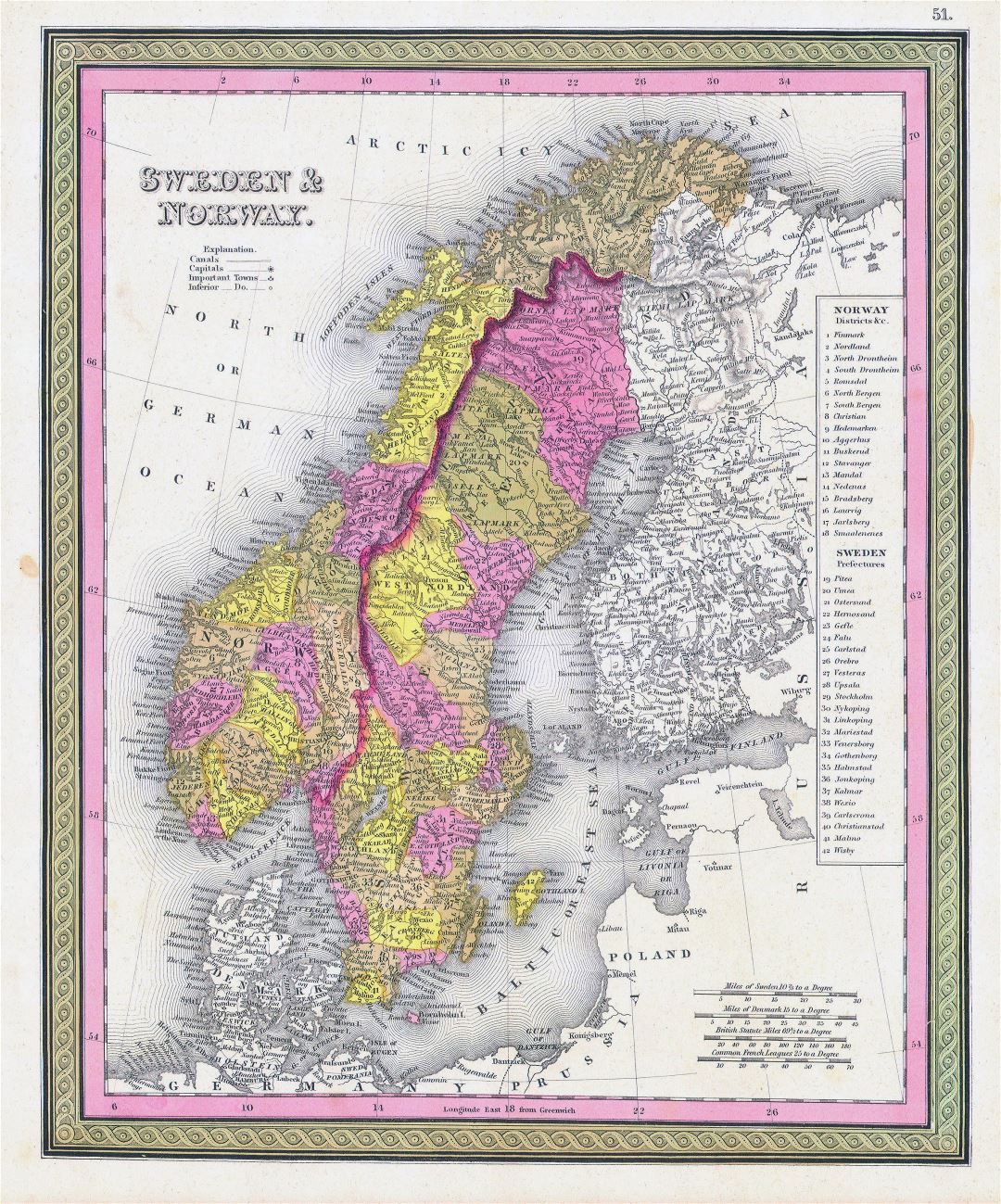 Large detailed old political and administrative map of Sweden and Norway with cities - 1850