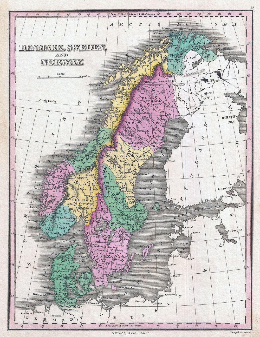 Large detailed old political and administrative map of Sweden, Norway and Denmark with cities - 1827