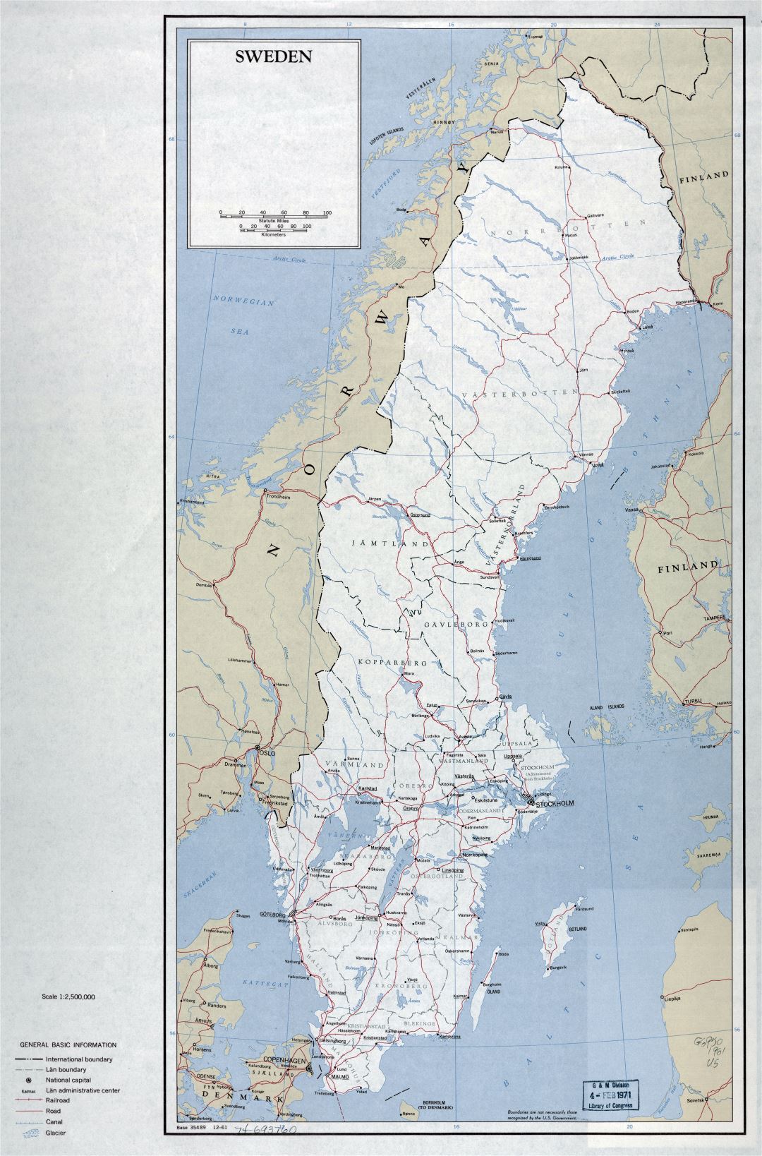 Large detailed political and administrative map of Sweden with roads, railroads and major cities - 1961