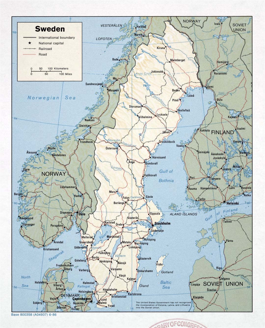 Large detailed political map of Sweden with relief, roads, railroads and major cities - 1986