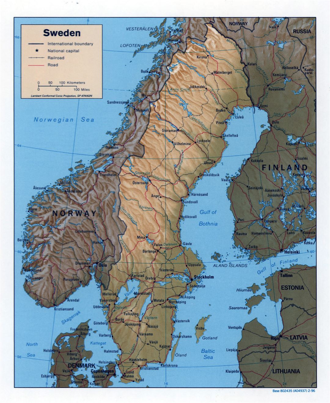 Large detailed political map of Sweden with relief, roads, railroads and major cities - 1996