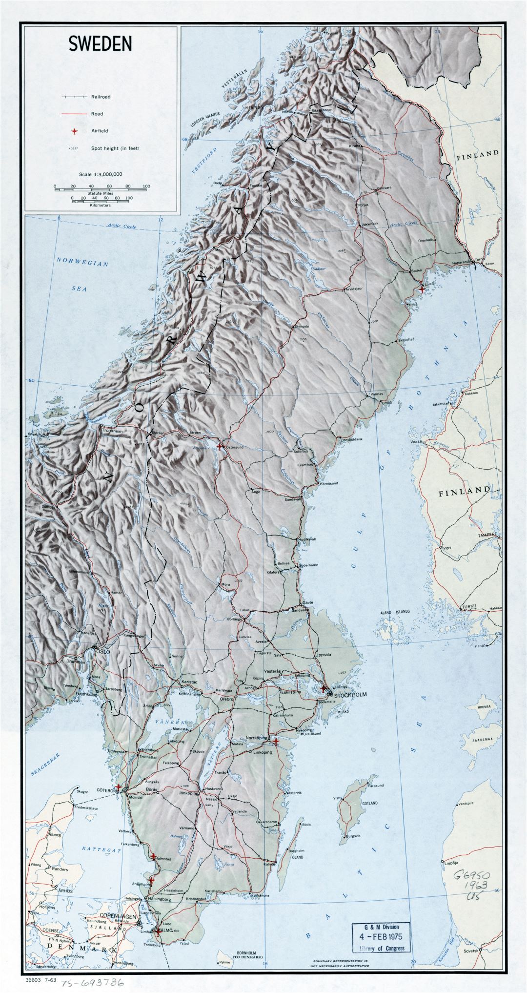 Large detailed political map of Sweden with relief, roads, railroads, major cities and airports - 1963
