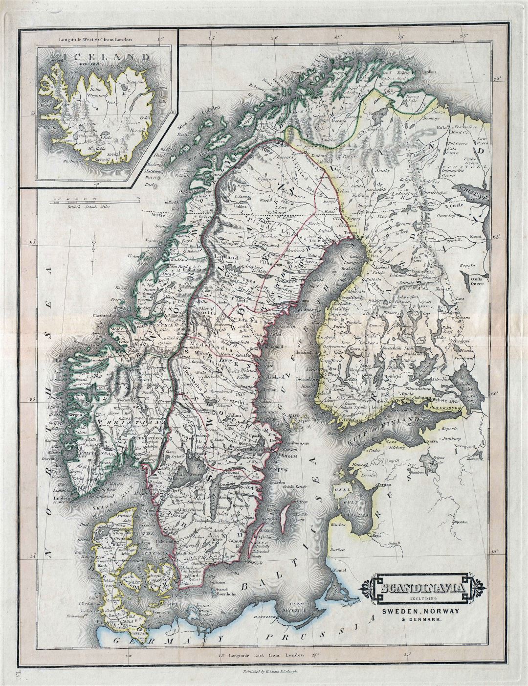 Large scale old political map of Sweden, Norway and Denmark with roads and cities
