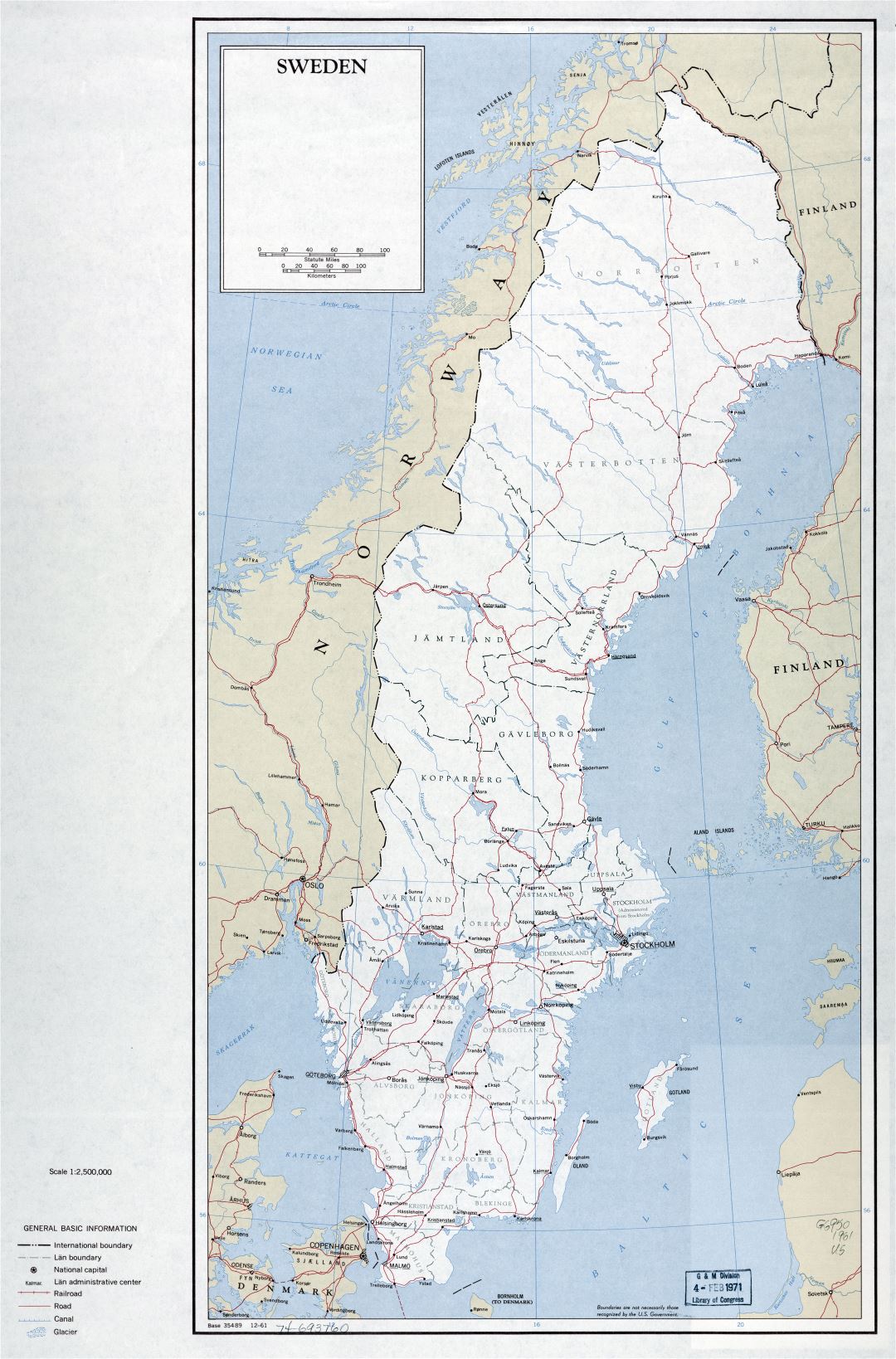 Large scale political and administrative map of Sweden with roads, railroads and major cities - 1961