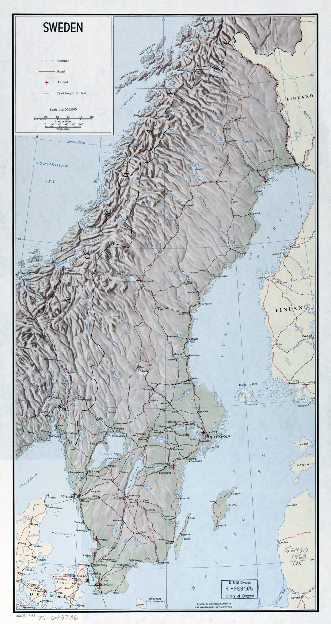Large scale political map of Sweden with relief, roads, railroads, major cities and airports - 1963