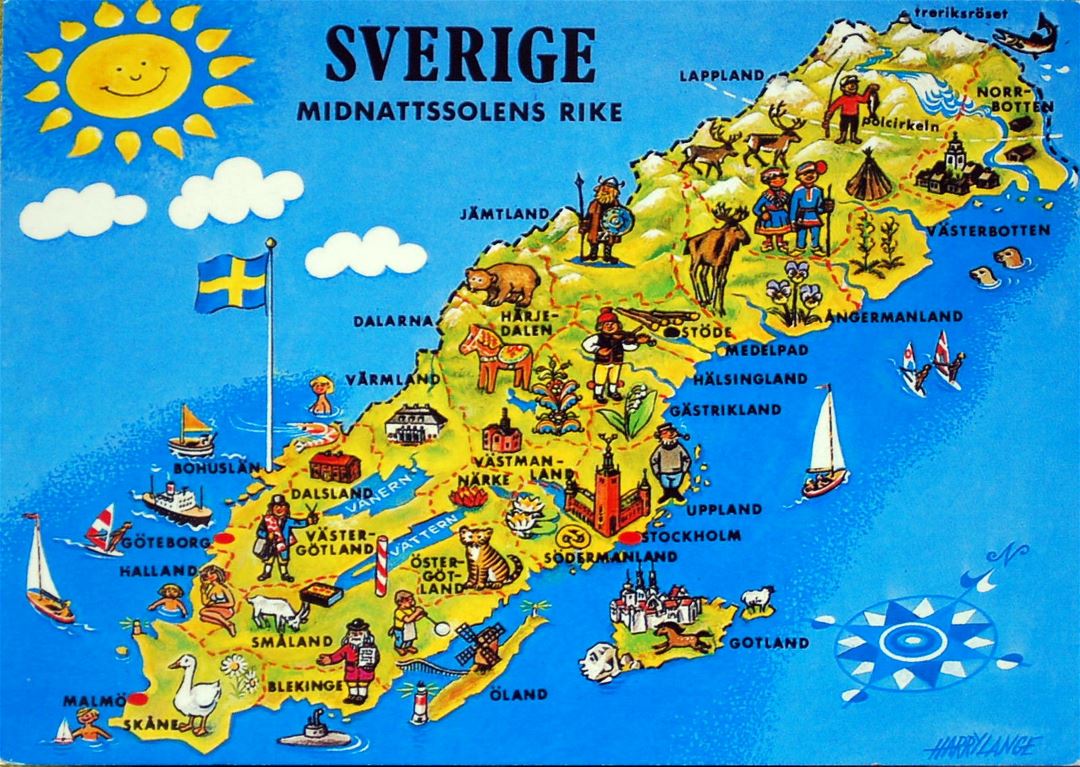 Large tourist illustrated map of Sweden