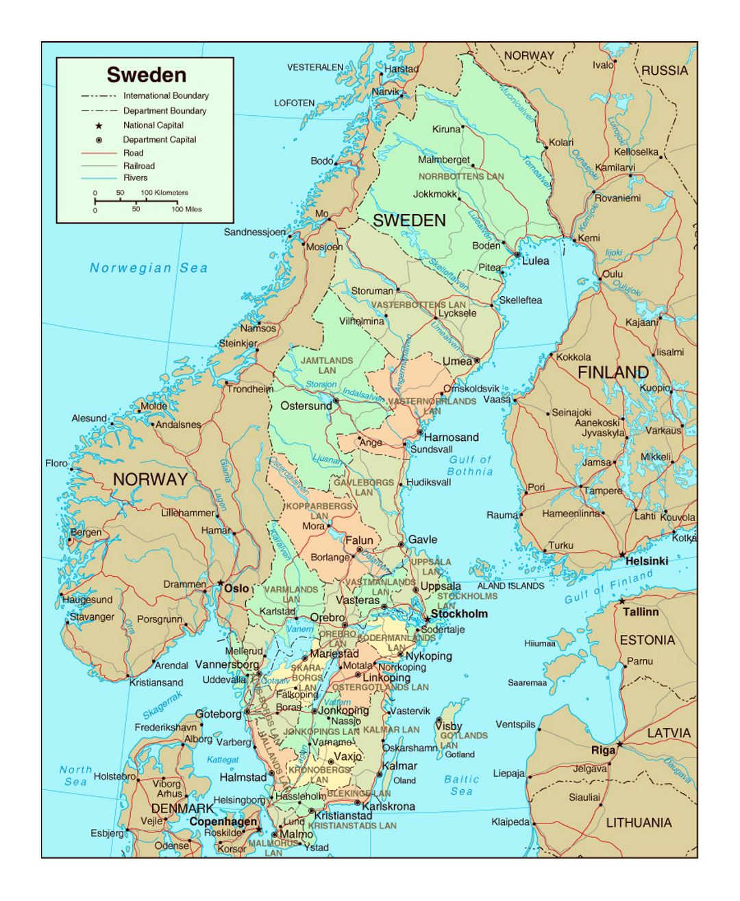 Political and administrative map of Sweden with roads and major cities