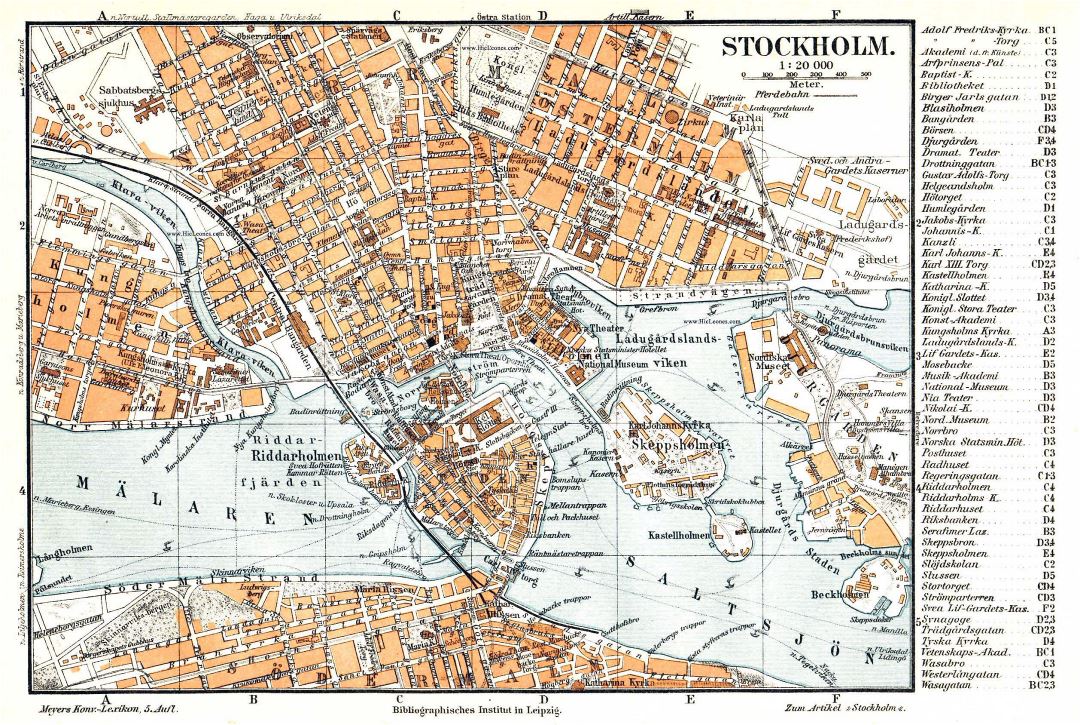 Large detailed old map of Stockholm city center