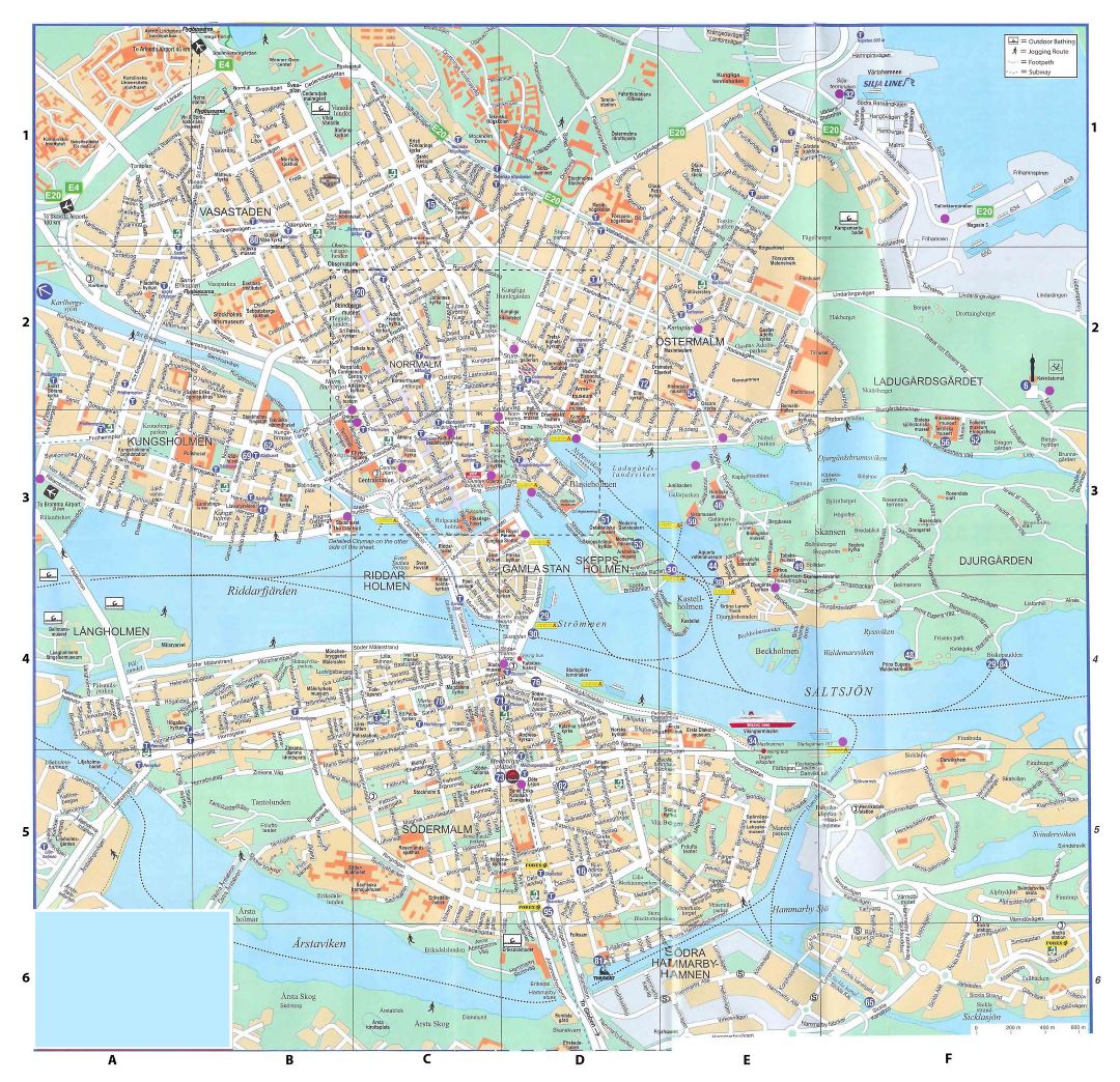 Large detailed road map of Stockholm city center with buildings