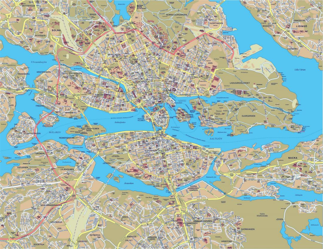 Large detailed road map of Stockholm city with buildings