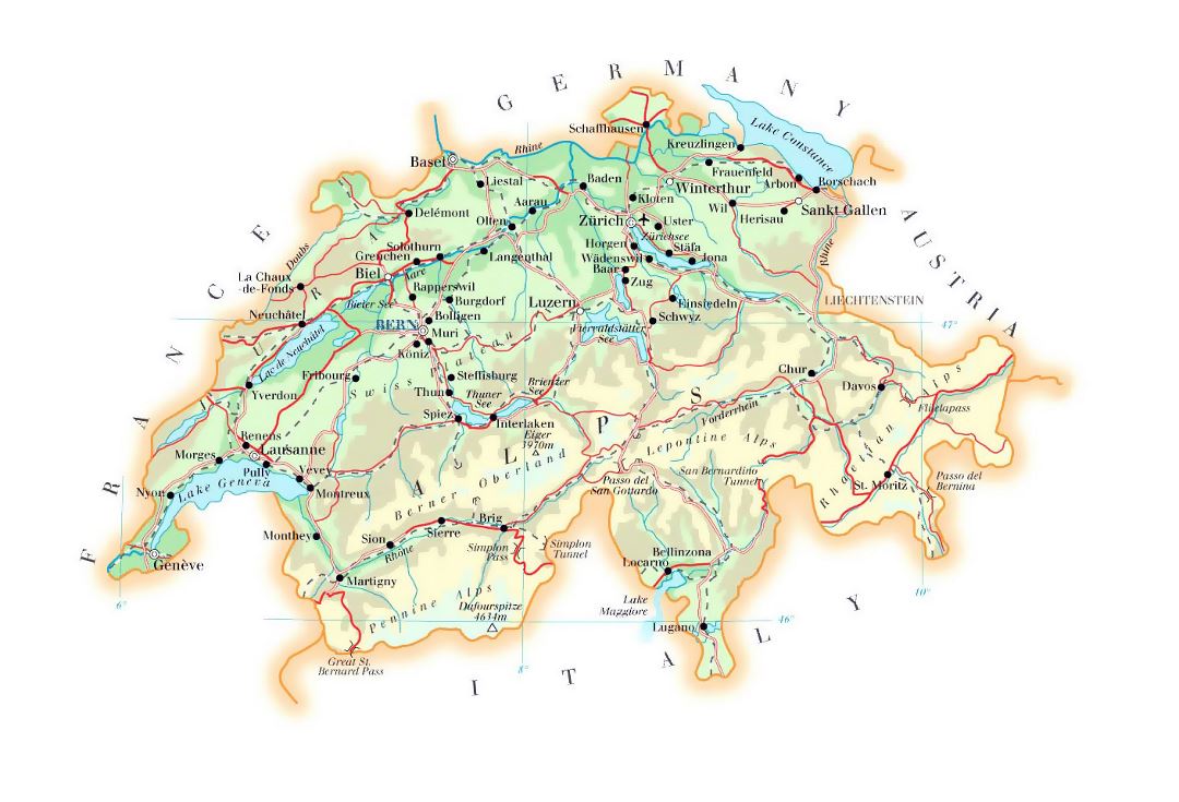 Detailed elevation map of Switzerland with roads, cities and airports