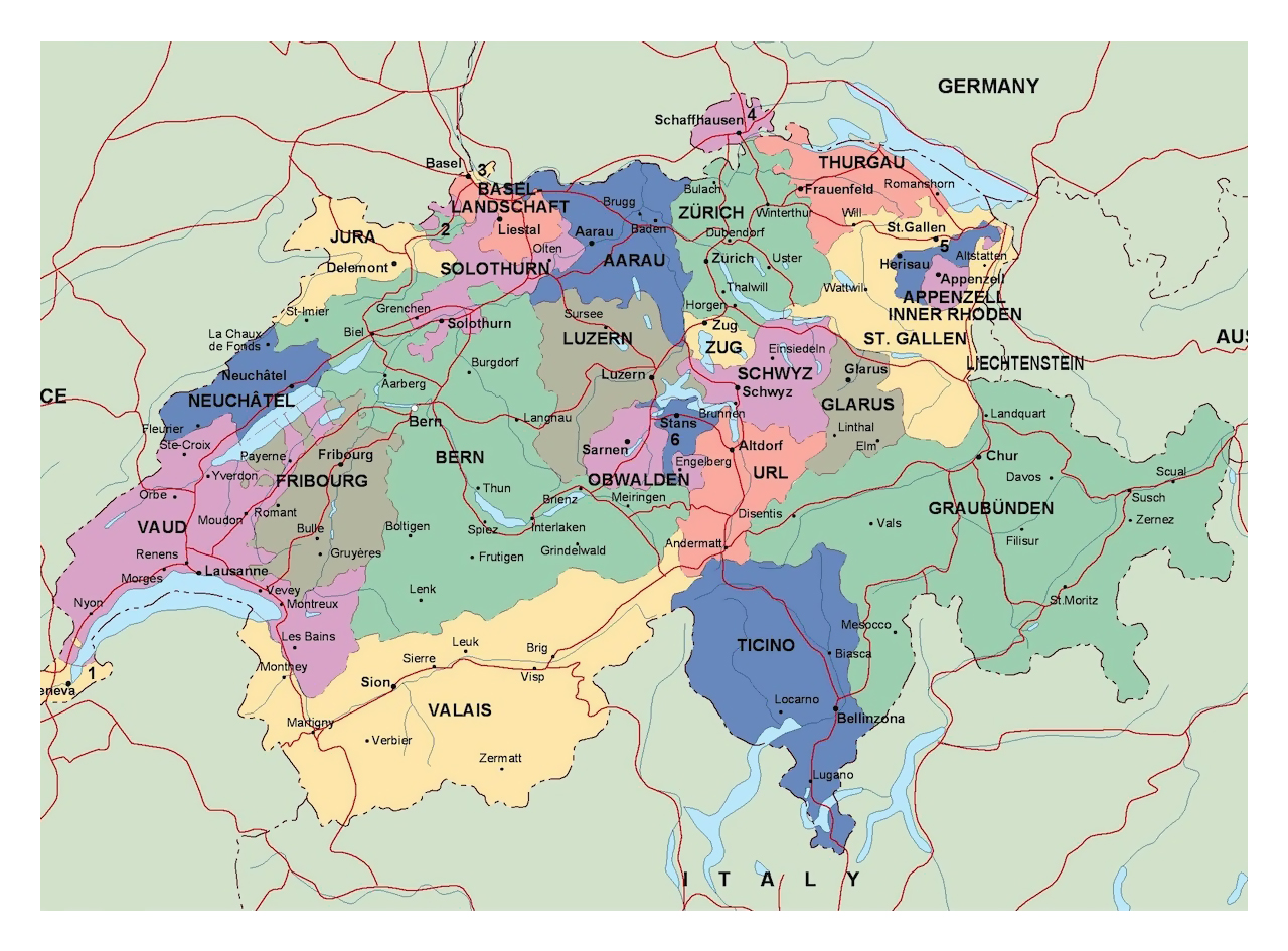 Detailed political and administrative map of Switzerland with roads and