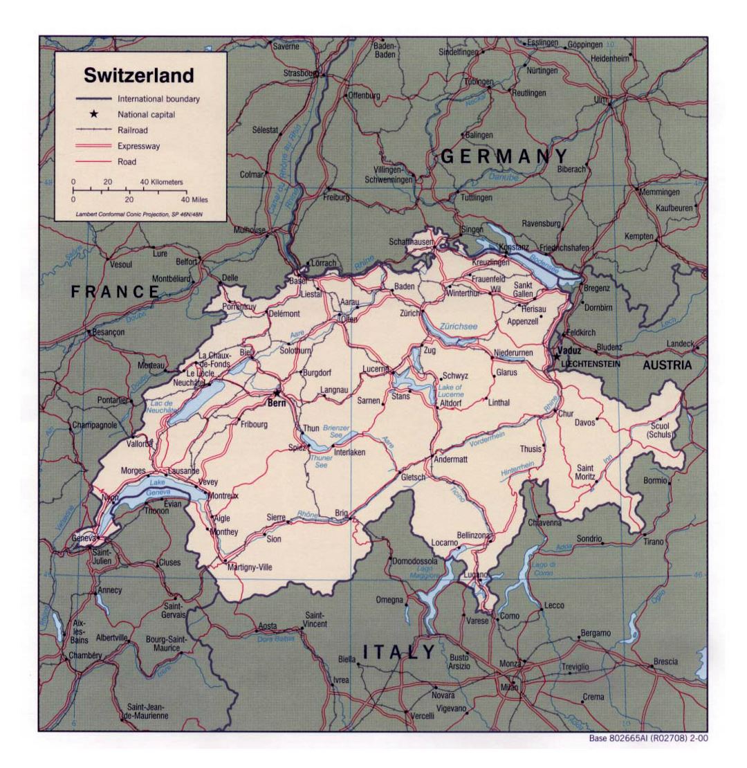 Detailed political map of Switzerland with roads, railroads and major cities - 2000