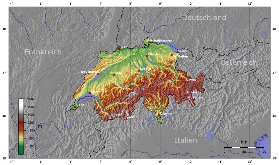 Detailed topographical map of Switzerland