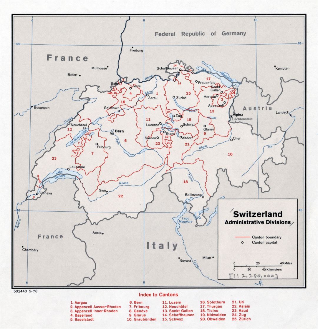 Large detailed administrative divisions map of Switzerland - 1973