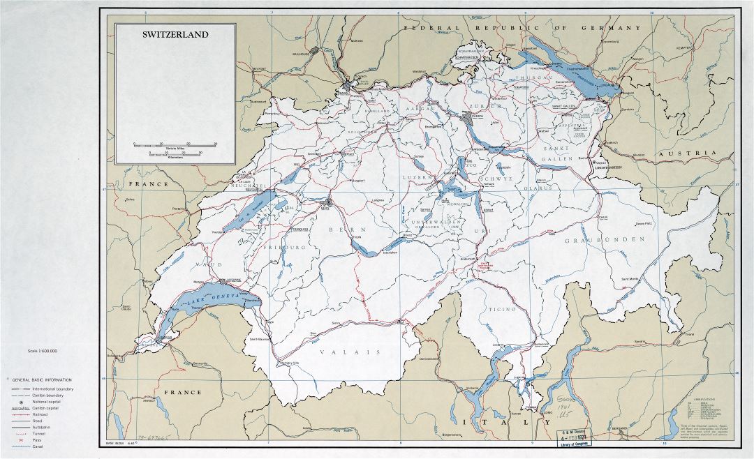 Large detailed political and administrative map of Switzerland with roads, railroads and major cities - 1961