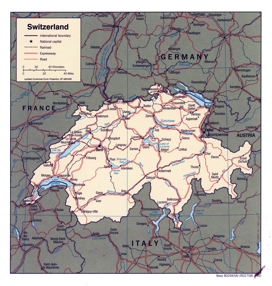 Large detailed political map of Switzerland - 2000