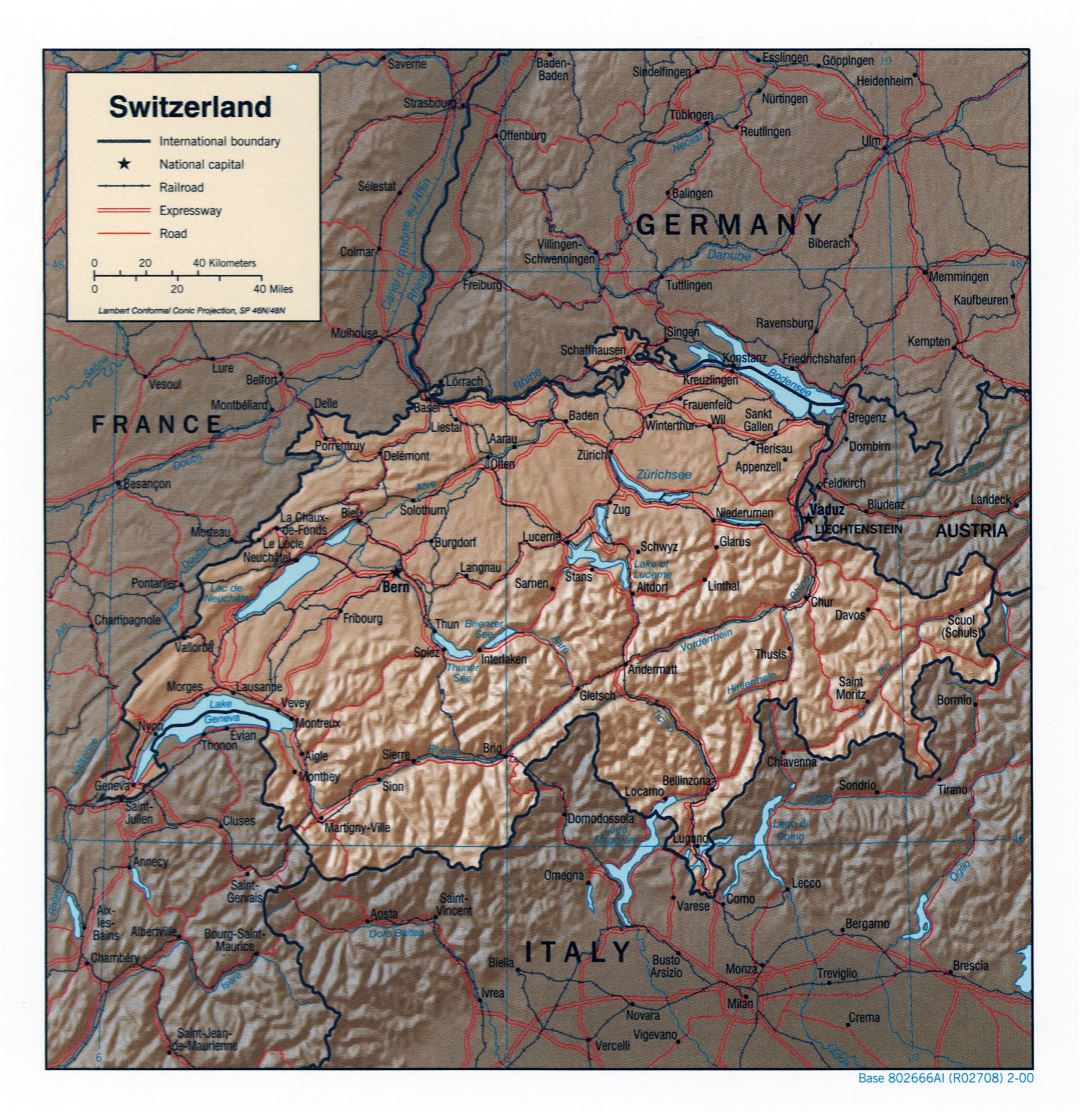 Large detailed political map of Switzerland with relief - 2000