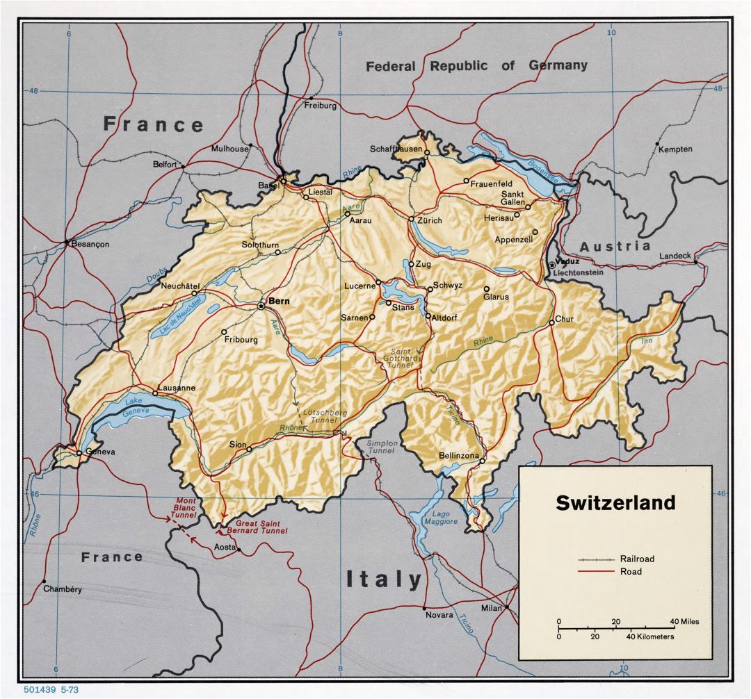 Large detailed political map of Switzerland with relief, roads, railroads and major cities - 1973