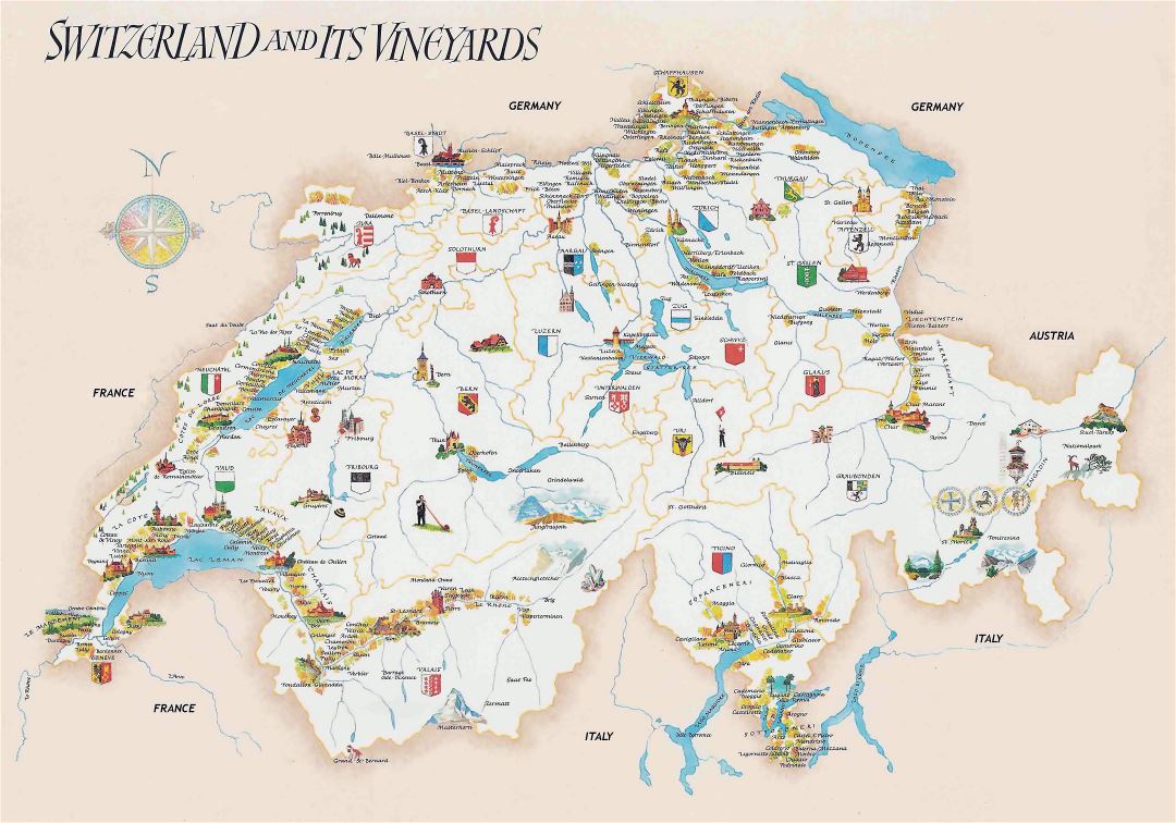 Large detailed tourist illustrated map of Switzerland