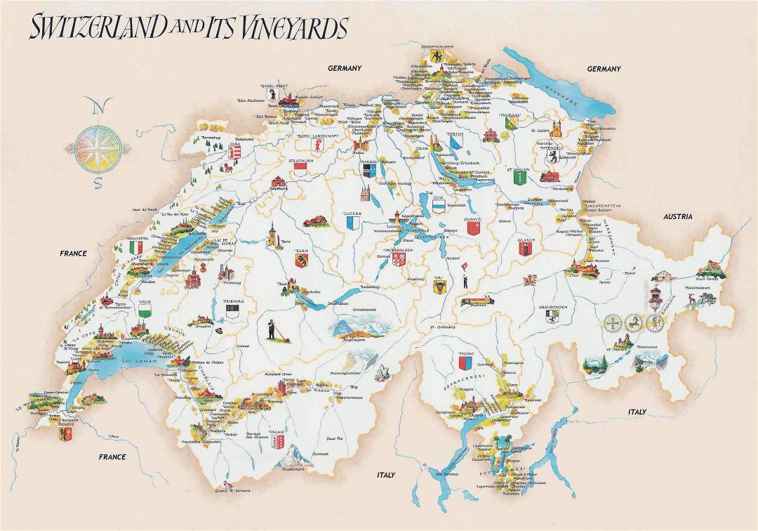 Large detailed tourist illustrated map of Switzerland Switzerland